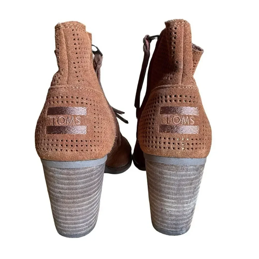Toms Majorca Peep Toe Booties Perforated Chunky High Heel Boots Shoes Suede 7.5